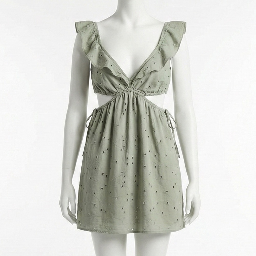 Speechless Sage Green Eyelet Cutout Ruffle Mini Dress Boho Summer Festival NWT